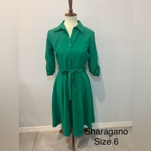 Sharagano Green Long Sleeve Belted Dress